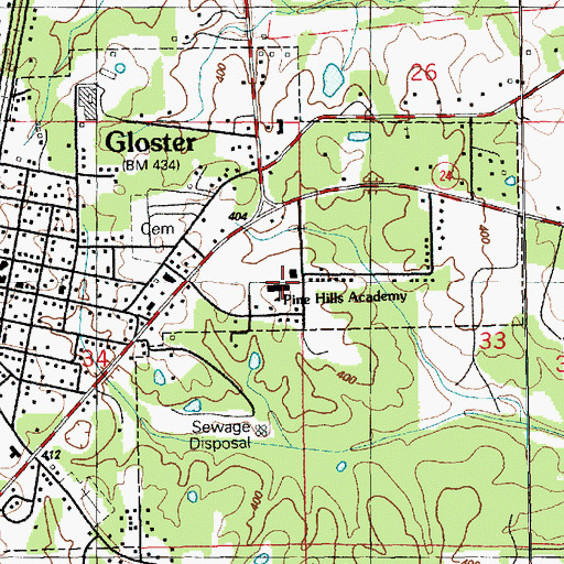 Topographic Map of Pine Hills Academy, MS