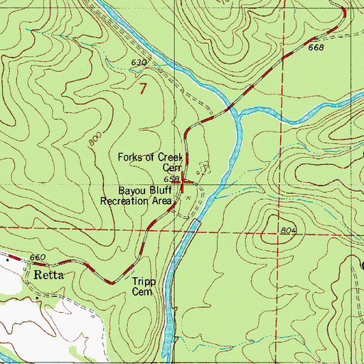 Topographic Map of Bayou Bluff Camp, AR