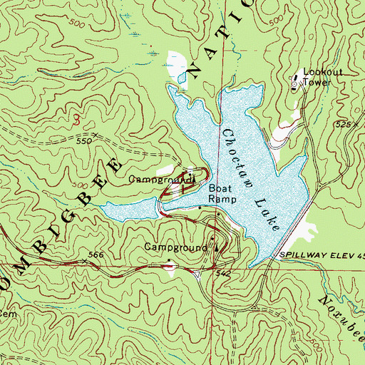 Topographic Map of Choctaw Lake Campground Recreation Site, MS