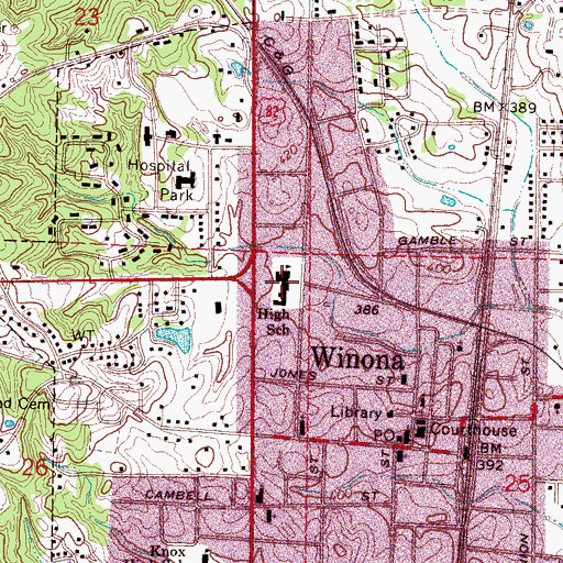 Topographic Map of Winona High School, MS