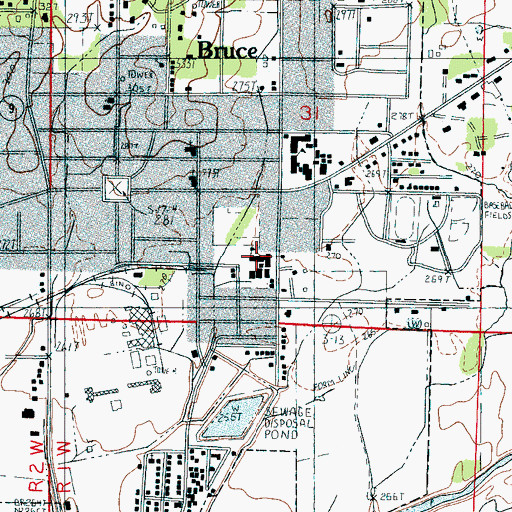 Topographic Map of Bruce High School, MS