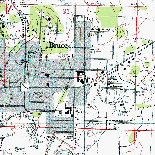 Topographic Map of Bruce Middle School, MS