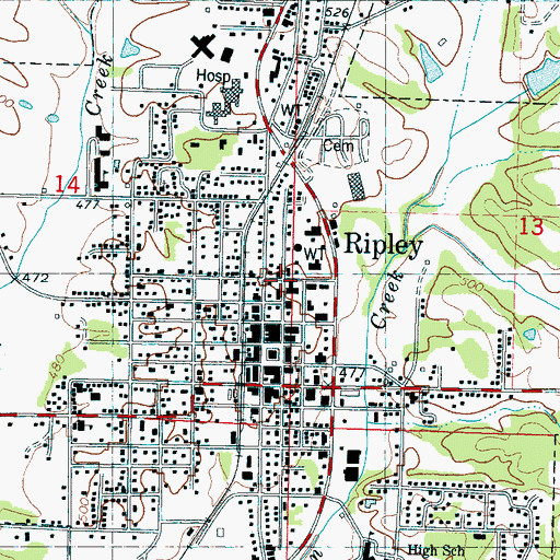 Topographic Map of Ripley First Baptist Church, MS
