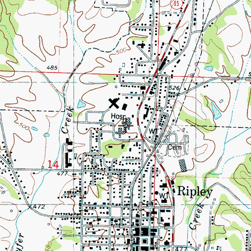 Topographic Map of Tippah County Hospital, MS