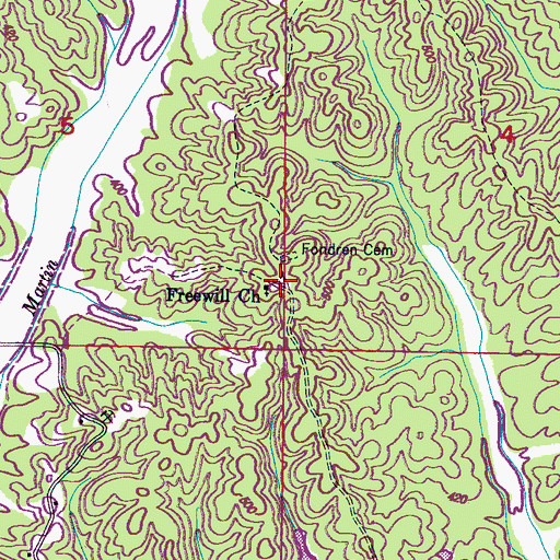Topographic Map of Freewill Cemetery, MS