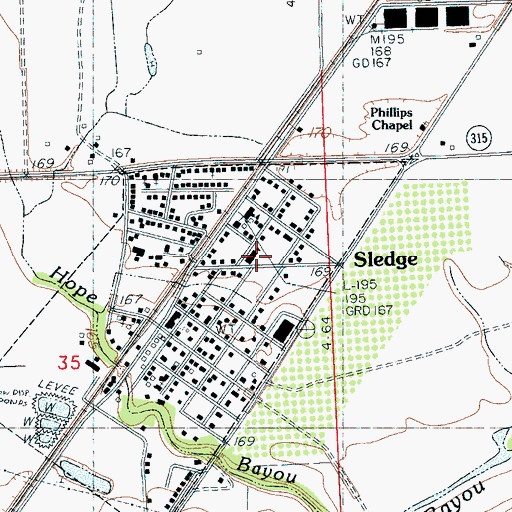 Topographic Map of Sledge High School, MS