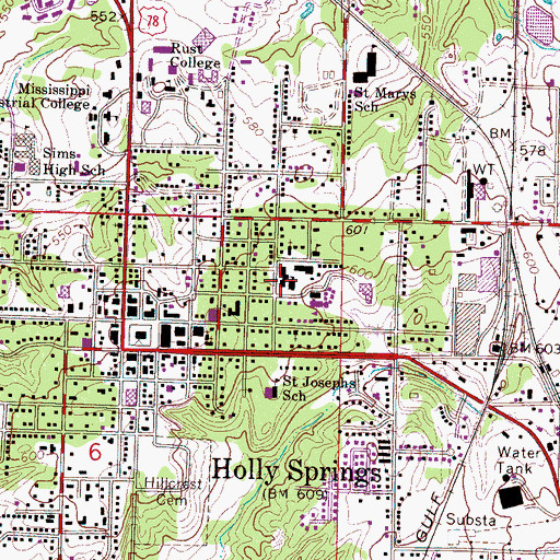 Topographic Map of Holly Springs High School, MS