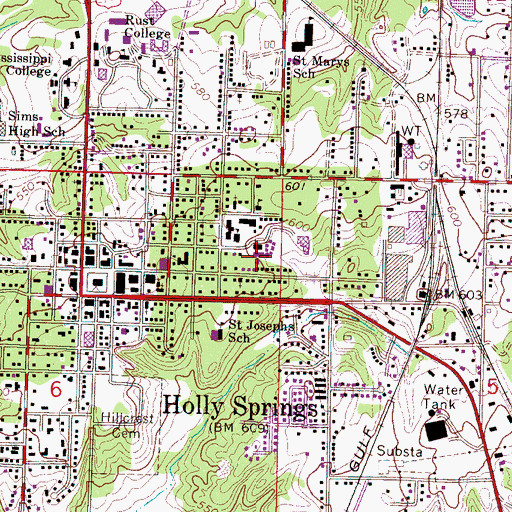 Topographic Map of Holly Springs Vocational Technical School, MS