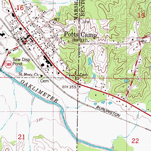 Topographic Map of Potts Camp Cemetery, MS