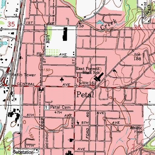 Topographic Map of Petal Junior High School, MS