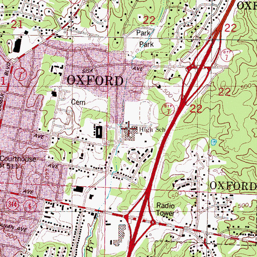 Topographic Map of Oxford High School, MS