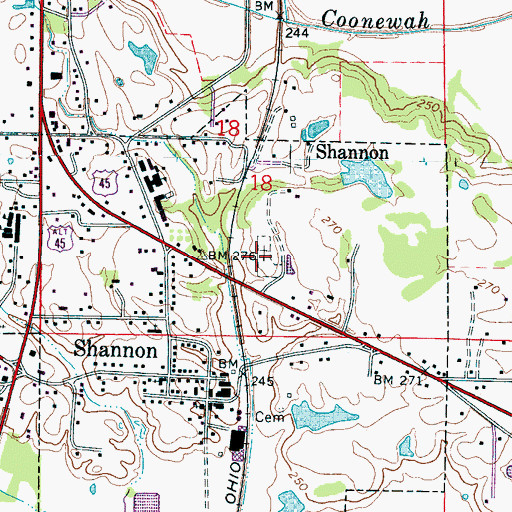 Topographic Map of Shannon Cemetery, MS