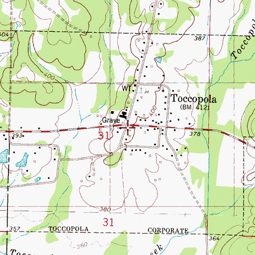Topographic Map of Toccopola Baptist Church, MS