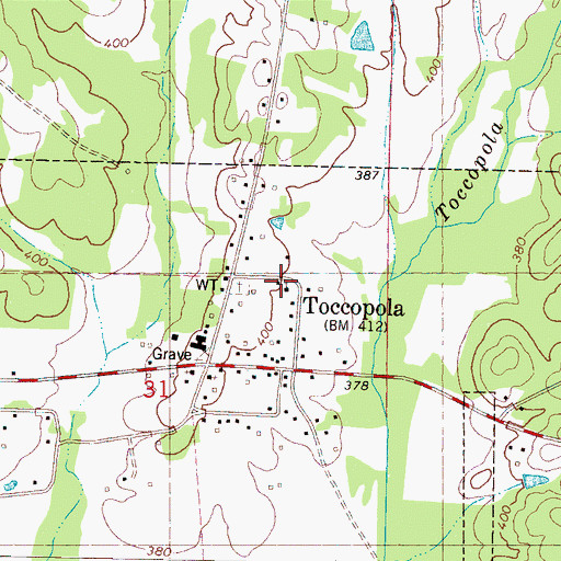 Topographic Map of Toccopola United Methodist Church, MS
