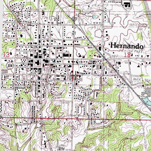 Topographic Map of Hernando High School, MS