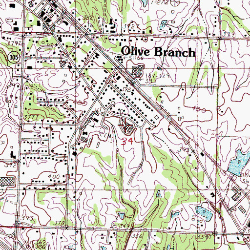 Topographic Map of Olive Branch Elementary School, MS