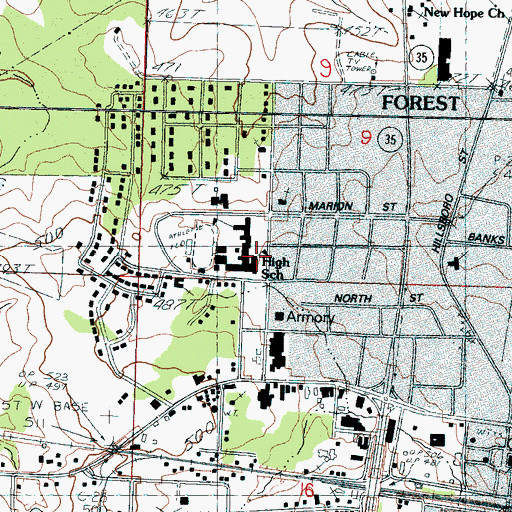 Topographic Map of Forest High School, MS