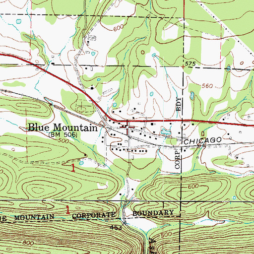 Topographic Map of Blue Mountain, AR