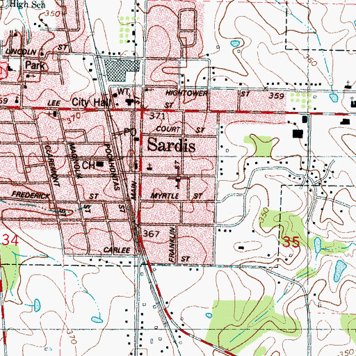Topographic Map of Sardis Attendance Center, MS