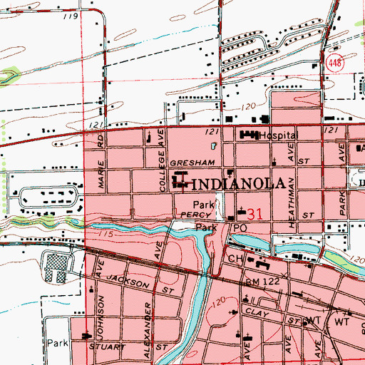 Topographic Map of Indianola High School (historical), MS