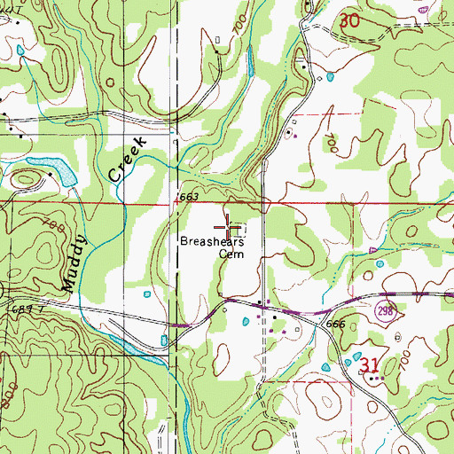 Topographic Map of Breashears Cemetery, AR