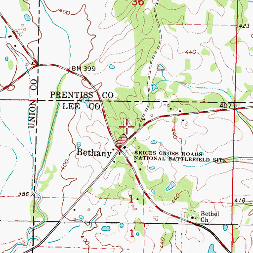 Topographic Map of Brices Crossroads National Battlefield Cemetery, MS