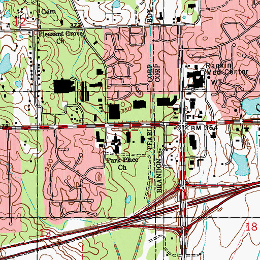Topographic Map of Park Place Baptist Church, MS