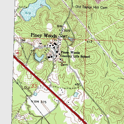 Topographic Map of Piney Woods Cemetery, MS