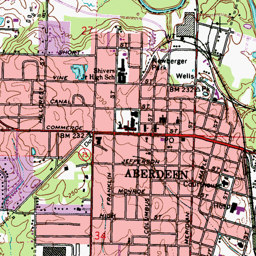 Topographic Map of Aberdeen Middle School, MS