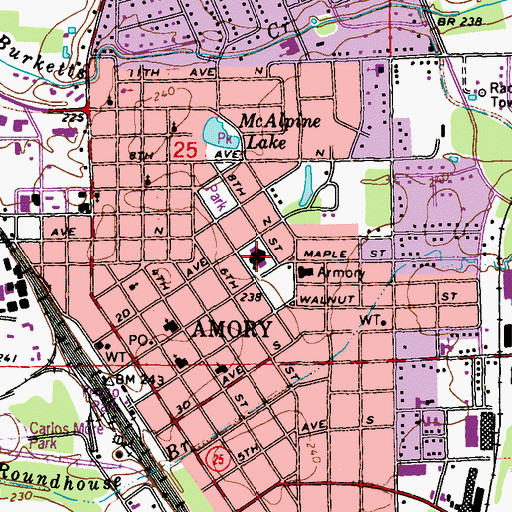 Topographic Map of Amory Middle School, MS