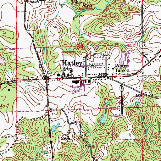Topographic Map of Hatley Attendance Center, MS