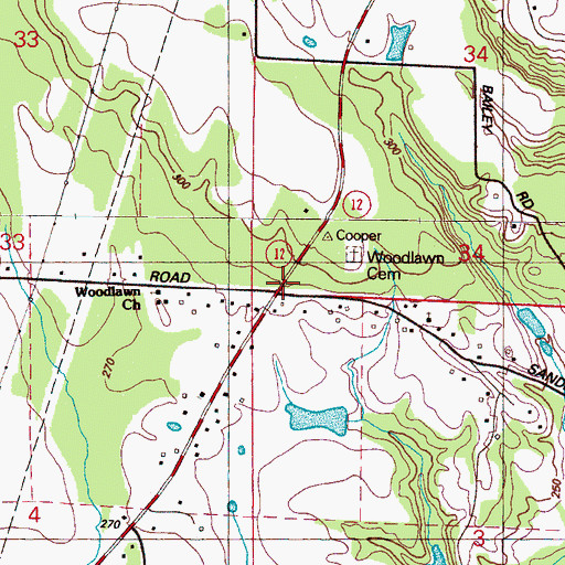 Topographic Map of Woodlawn, MS