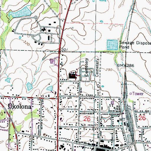 Topographic Map of Okolona High School, MS