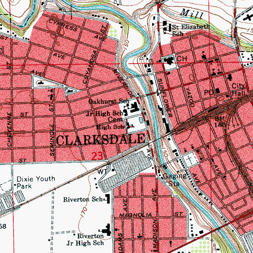 Topographic Map of Clarksdale High School, MS