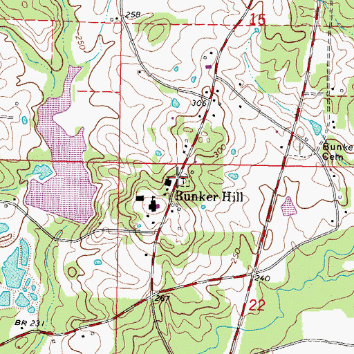 Topographic Map of Bunker Hill Cemetery, MS