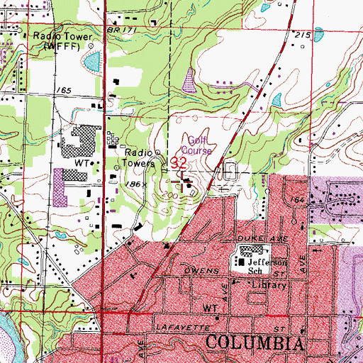 Topographic Map of Columbia Country Club, MS