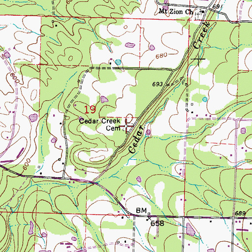 Topographic Map of Cedar Creek Cemetery, AR