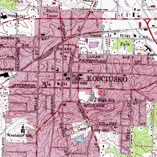 Topographic Map of Kosciusko First Methodist Church, MS