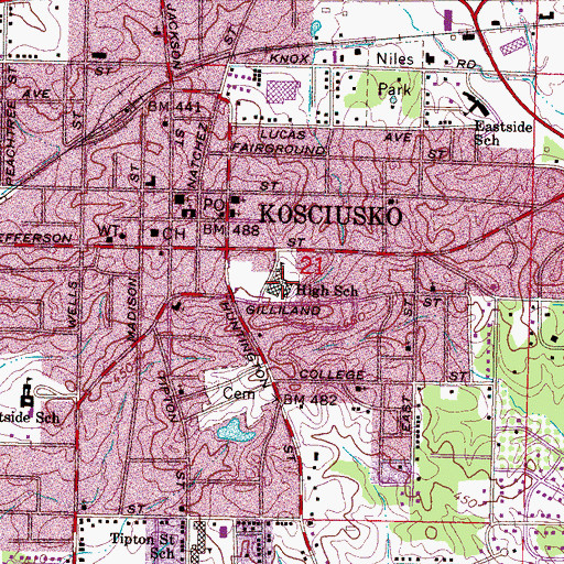 Topographic Map of Kosciusko High School, MS