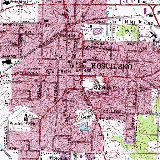 Topographic Map of Kosciusko Public School (historical), MS