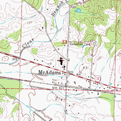Topographic Map of McAdams High School, MS