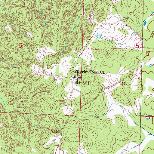 Topographic Map of Pilgrim Rest Cemetery, MS