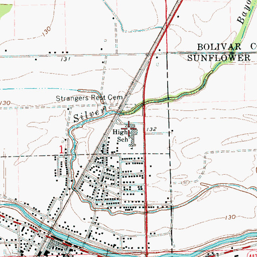 Topographic Map of Shaw High School, MS