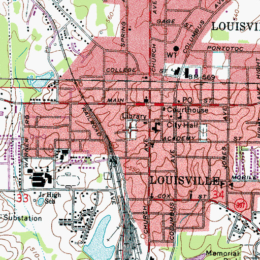 Topographic Map of Louisville Cemetery, MS