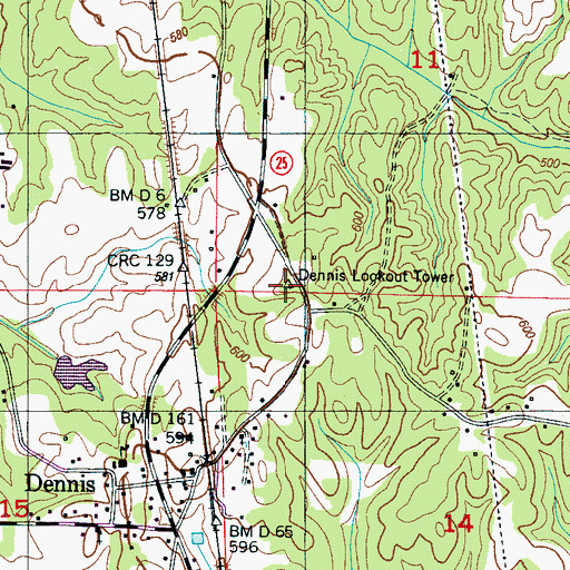 Topographic Map of Dennis Lookout Tower, MS