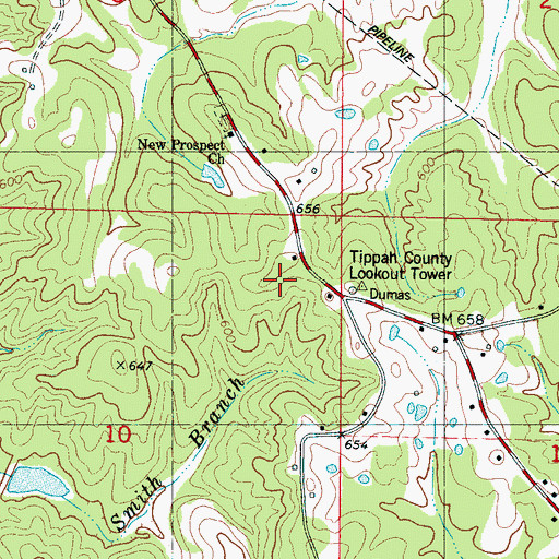 Topographic Map of Tippah County Lookout Tower, MS