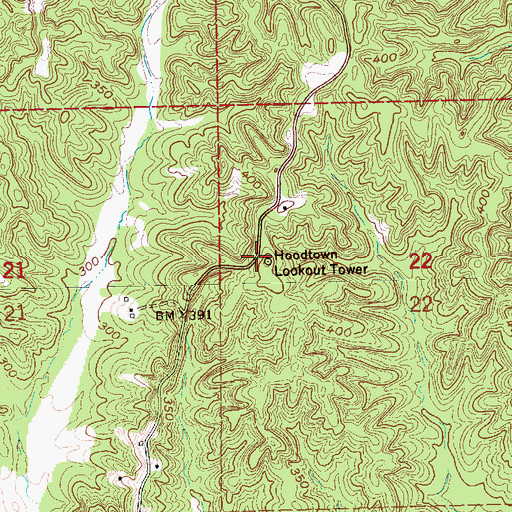 Topographic Map of Hoodtown Lookout Tower, MS