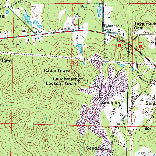 Topographic Map of Lauderdale Lookout Tower, MS