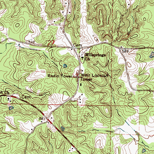 Topographic Map of Weir Lookout Tower, MS