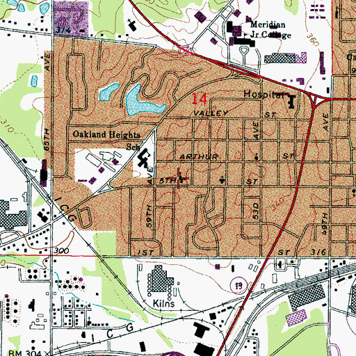 Topographic Map of Oakland Heights Baptist Church, MS